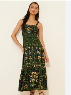 Green Floral Square-Neck Midi Dress